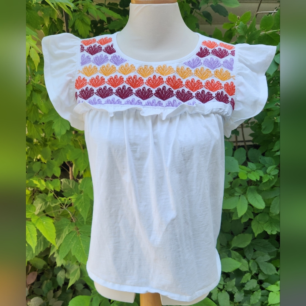 Thml Embroidered White Top with Multicolor Accents Cotton